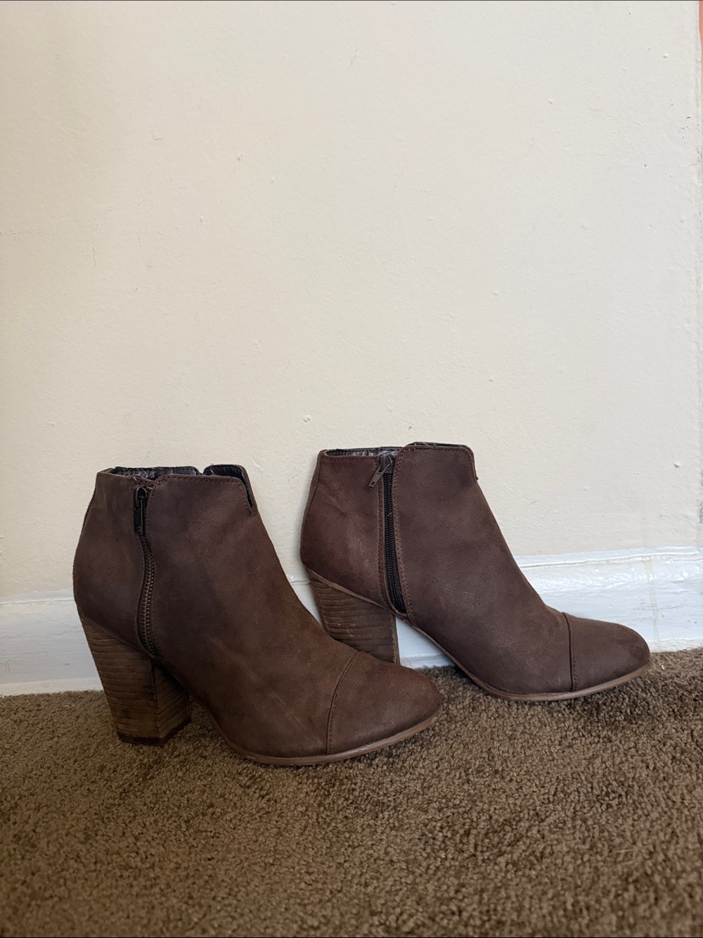 Women's Brown Faux-Suede Ankle Booties with Side Zipper